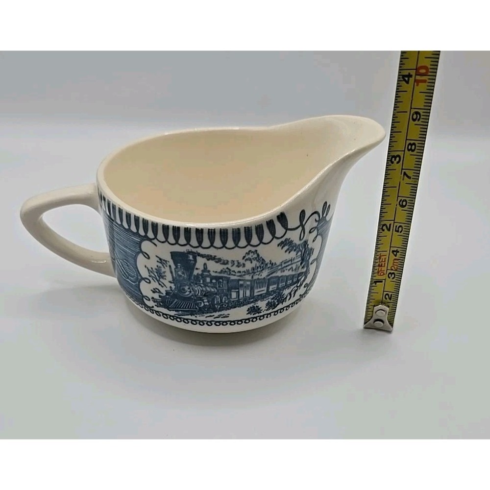 Vintage Currier & Ives Express Train Royal China Creamer Pitcher Blue White USA - Picture 6 of 7